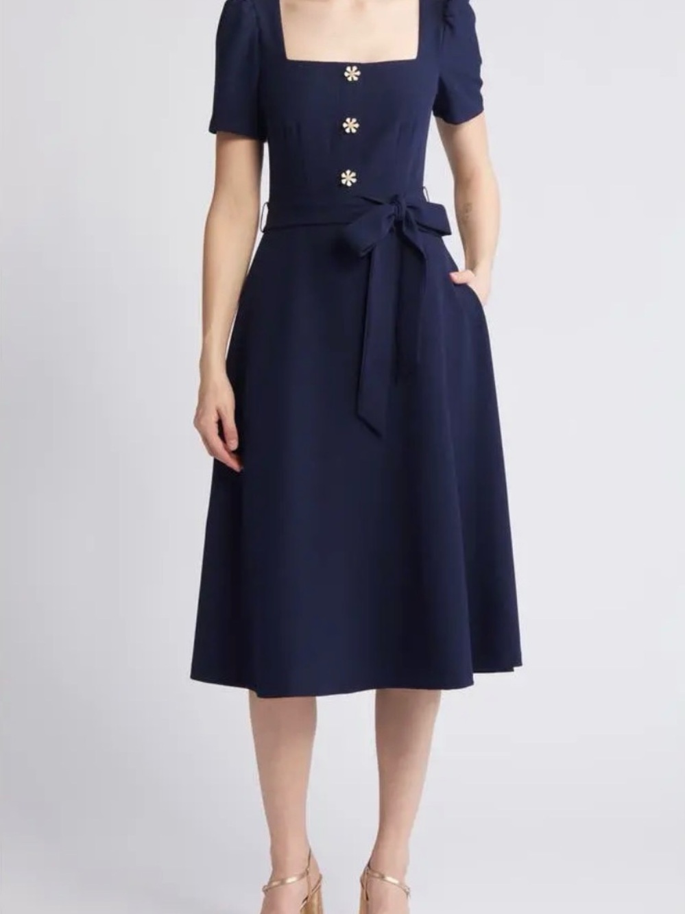 Eliza J Navy Daisy Button Detail Square-Neck Midi Dress with Waist Tie